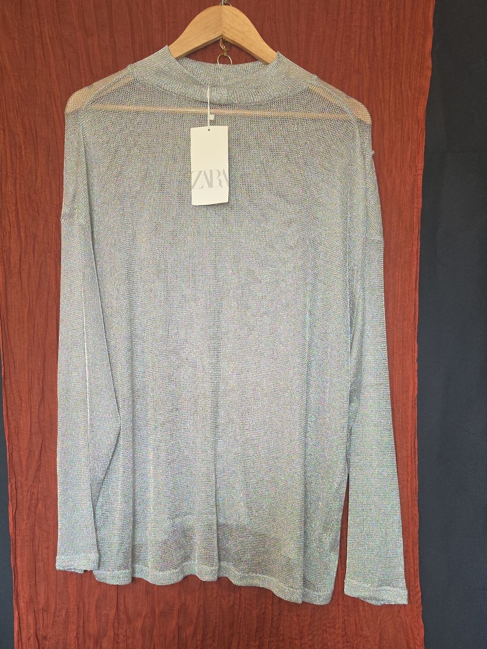 ZARA Silver Shimmer Long-Sleeve Knit Top